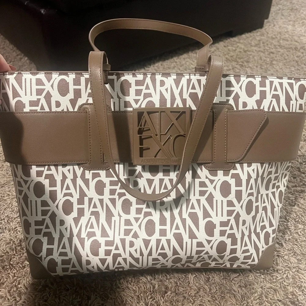 Armani Exchange Tan and White Logo Briefcase